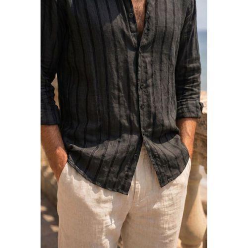 Ralph Çizgi Desenli Yumuşak Dokulu Rahat Kalıp Yazlık Erkek Gömlek - Siyah