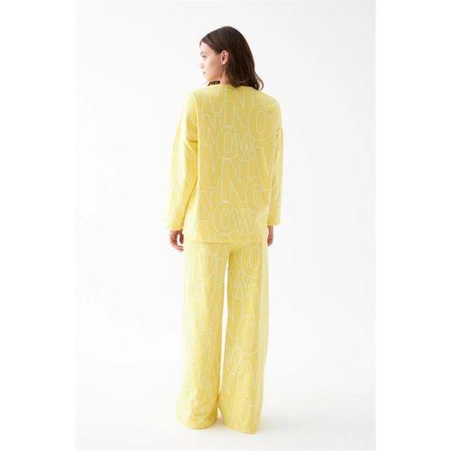 Kadın Oversize Sarı Desenli Pamuklu Kalın Pijama Takımı