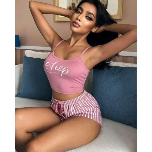 Kadın Pembe Çizgili Desen Askılı Şortlu Pijama Takım 9002