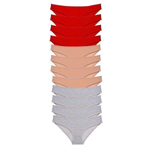 12 Adet Eko Set Likralı Kadın Slip Külot Kırmızı Ten Gri