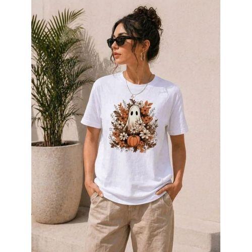 Balkabağı Hayalet Baskılı Tişört Kısa Kol Yazlık T-Shirt - Beyaz