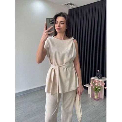 Kadın Omuz Detay Kuşak Dahil Bluz Ve Pantolon Keten Kumaş Ikili Takım