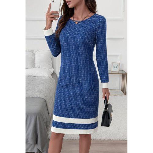 Kadın Uzun Kollu Yuvarlak Yaka Etek Ucu şerit Detaylı Mini Dokuma Elbise