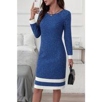 Kadın Uzun Kollu Yuvarlak Yaka Etek Ucu şerit Detaylı Mini Dokuma Elbise