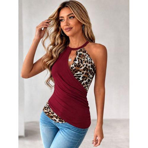 Kadın Yuvarlak Yaka Bir Tarafı Leopar Desenli Viskon Bluz