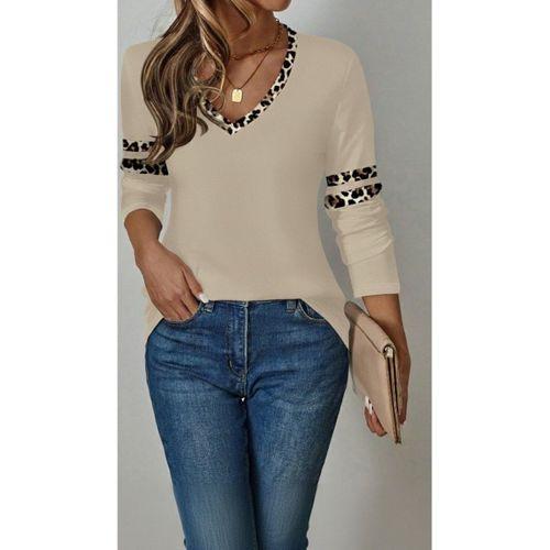 Kadın Uzun Kollu V Yakalı Leopar Desenli Viskon Iki Iplik Bluz