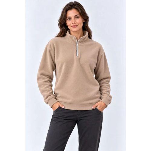 Polar Dik Yaka Yarım Fermuarlı Uzun Kollu Regular Fit Kışlık Sweatshirt - Bej