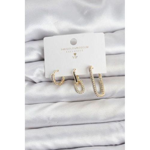 Gold Renk Zirkon Taşlı 3'lü Kadın Küpe Seti