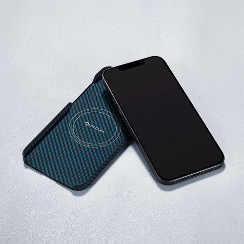 Apple iPhone 15 Pro Kılıf M-safe Şarj Özellikli 1500D Aramid Fiber Pitaka Ultra-Slim Classic Serisi Black-Blue Twill Kapak
