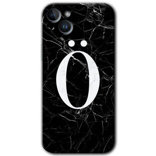iPhone 14 Plus Kılıf HD Desen Baskılı Arka Kapak - Temperli Cam - Siyah Mermer Desenli Ö Harfi