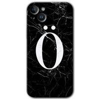 iPhone 14 Plus Kılıf HD Desen Baskılı Arka Kapak - Temperli Cam - Siyah Mermer Desenli Ö Harfi