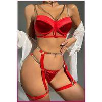 Kırmızı Merdiven Zincirli Göğüs Balenli Kadın Seksi Jartiyer Takım