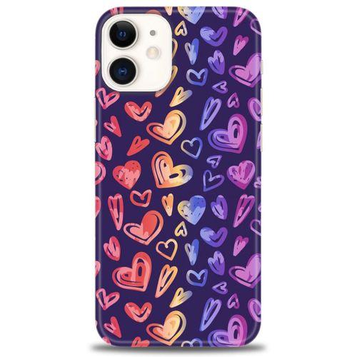 iPhone 12 Kılıf HD Baskılı Kılıf - Renkli Kalpler + Tam Ekran Koruyucu