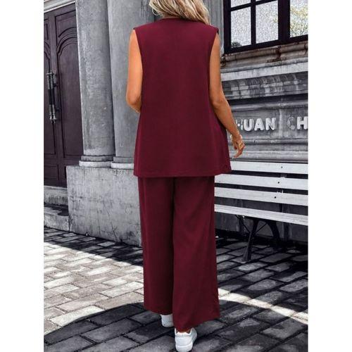 Kadın Kolsuz önü Açık Yakalı Cepli Janjan Krep Yelek Ve Pantolon Ikili Takım