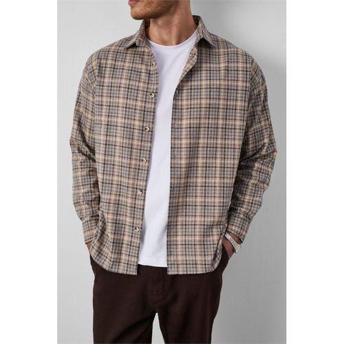 Carol Relaxed Fit Pamuklu Çizgili Flanel Erkek Gömlek - Bej