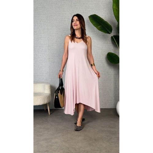 Kadın Askılı V Yakalı Halka Detaylı Asimetrik Kesim Detaylı Viskon Maxi Elbise