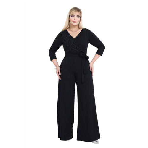 Melsay Butik Modal Kruvaze Yaka Siyah Taş Baskılı Büyük Beden Tulum