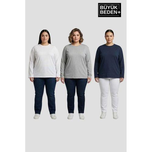 Kadın Büyük Beden 3 lü Set Uzun Kollu 2 İplik Bisiklet Yaka Tişört SPR26BEA942+2