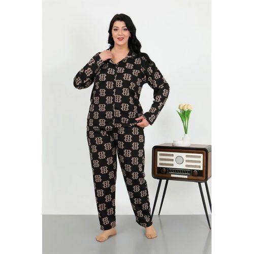 Kadın Büyük Beden Pamuklu Cepli Düğmeli Siyah Pijama Takım