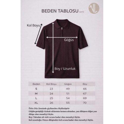 Burke Saç Örgü Yarım Fermuarlı Kısa Kollu İnce Triko Erkek T-Shirt - Bordo