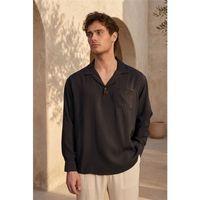 Sartre Apaş Yaka Tek Cepli İnce Modal Kumaş Oversize Uzun Kollu Yazlık Gömlek - Siyah