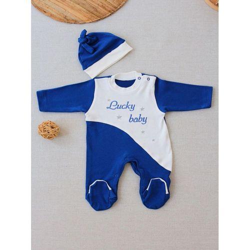 0-3 3-6 Ay Lucky Baby Nakışlı Es Çizgi Boy Şapkalı Erkek Bebek Tulumu Lacivert