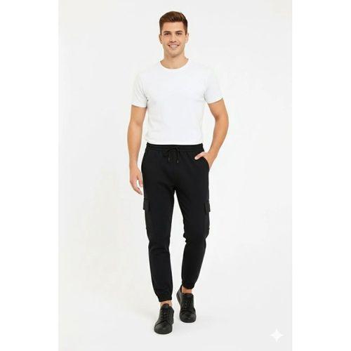 Erkek Siyah Jogger Eşofman Altı Rahat Kalıp, Kargo Cepli, Lastikli Paça, Günlük Spor Pantolon - Siyah