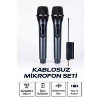 Profesyonel Çiftli Kablosuz Mikrofon Seti Karaoke Şarj Edilebilir 50 Metre