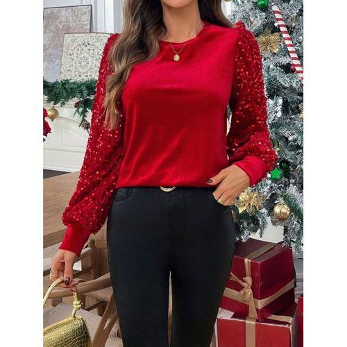 Kadın Uzun Kollu Bisiklet Yaka Kollar Pulpayet Kadife Bluz