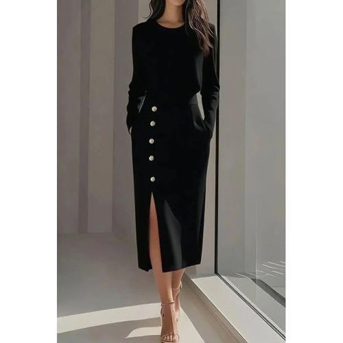 Kadın Uzun Kollu Bisiklet Yakalı Yandan Yırtmaçlı Düğmeli Midi Ithal Krep Elbise