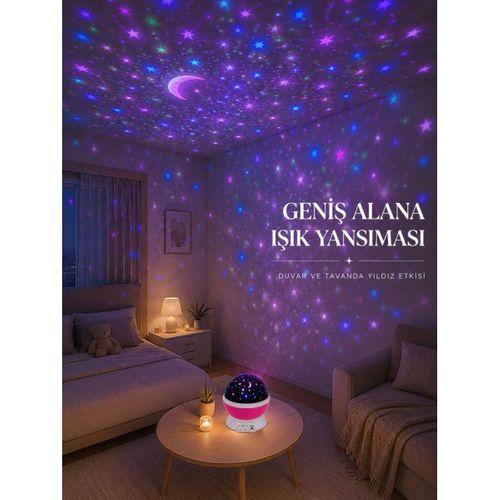 Yıldızlı Gökyüzü Projektörü Pembe Renkli Döner Çocuk Odası Gece Lambası