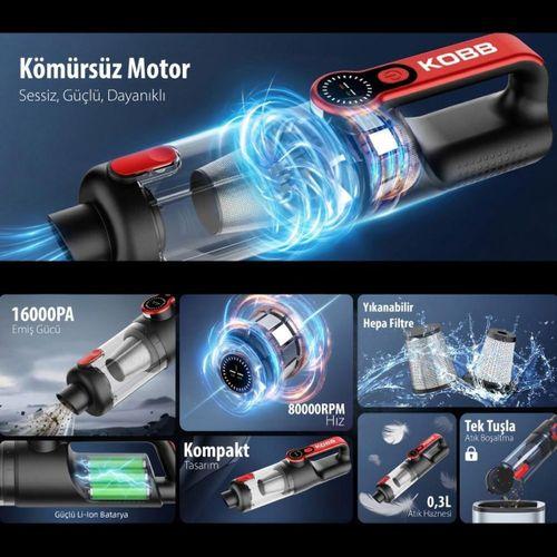 KOBB KBV20 12Volt/ Li-ion Şarjlı Kömürsüz Motor Hibrit Araç Süpürgesi + 8 Parça Aksesuar Seti + Taşıma Çantası