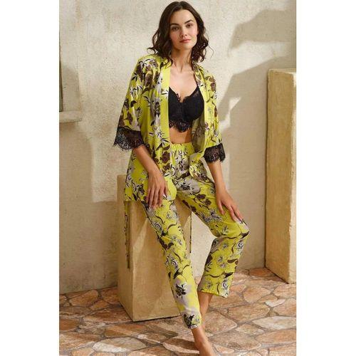 Dokuma Viskon Çiçek Baskılı Dantelli Sabahlık Balenli Desteksiz Dolgusuz Büstiyer Sütyen Ve Pantolon Pijama 3'lü Takım