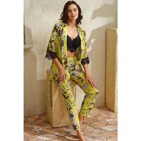 Dokuma Viskon Çiçek Baskılı Dantelli Sabahlık Balenli Desteksiz Dolgusuz Büstiyer Sütyen Ve Pantolon Pijama 3'lü Takım