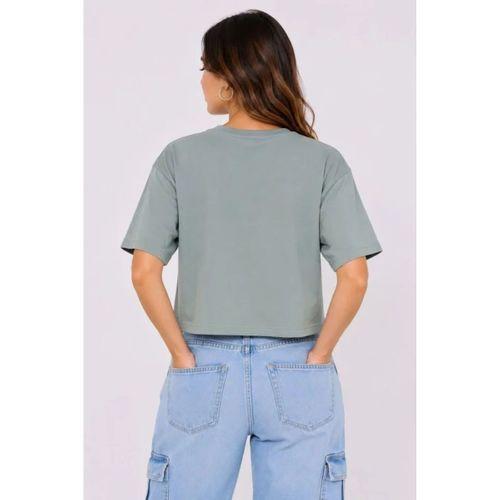 Kedi Baskılı Oversize Crop Tişört Salaş Basic Yarım Kol T-shirt - Mint Yeşili