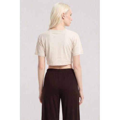 Kadın Kum Kahve Baskılı Crop T-shirt Ve Pantolon Takım Rahat Günlük Kombin
