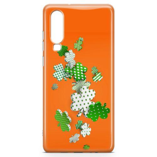 Huawei P30 Kılıf Yeşil Beyaz Yoncalar Arka Kapak Koruma Desenli Full Koruyucu