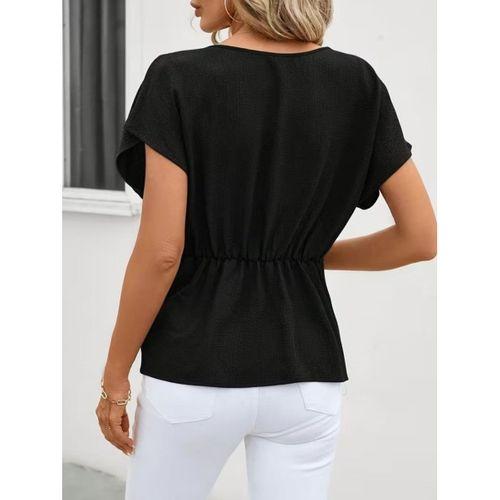 Kadın Kısa Kollu Yuvarlak Yakalı Yandan Sarmal Detaylı Bürümcük Bluz