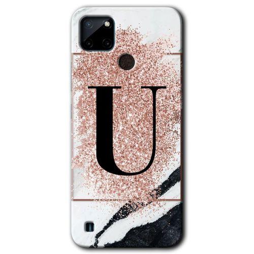 MRCİLETİSİM Realme C21 Kılıf HD Desen Baskılı Arka Kapak + Temperli Cam - Pembe Mermer Desenli U Harfi