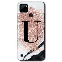 MRCİLETİSİM Realme C21 Kılıf HD Desen Baskılı Arka Kapak + Temperli Cam - Pembe Mermer Desenli U Harfi