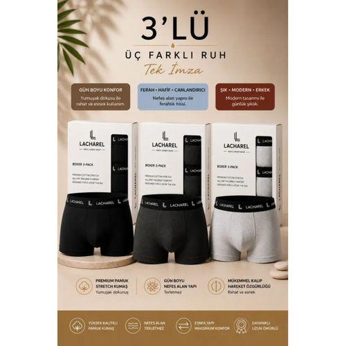 Erkek Likralı Pamuklu Nefes Alan Penye Boxer3Lü Paket - Siyah - Füme - Gri