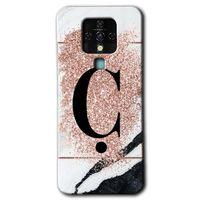 Tecno Camon 16 Kılıf HD Desen Baskılı Arka Kapak - Pembe Mermer Desenli Ç Harfi + Kırılmaz Cam