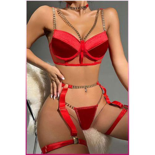 Kırmızı Merdiven Zincirli Göğüs Balenli Kadın Seksi Jartiyer Takım