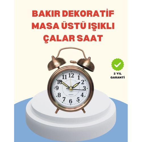 Metal Bronz Nostaljik Masa Saati Alarmlı Büyük Boy Sessiz Mekanizmalı