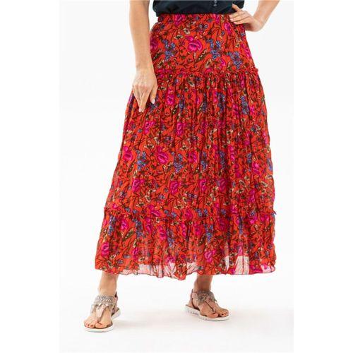 Buse Vual Uzun Yazlık Etek Gelincik Desen Kırmızı Kırçıllı 6160