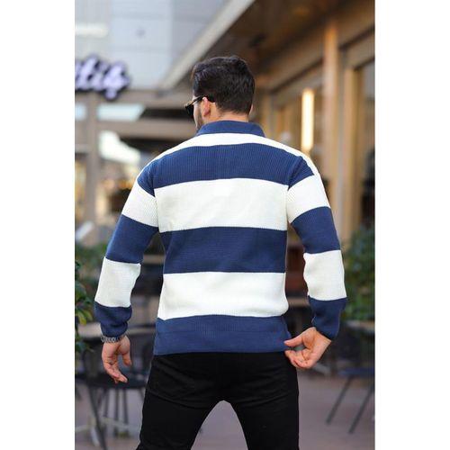 Düğmeli Polo Yaka Yarım Oversize Çizgili Triko Kazak - Lacivert