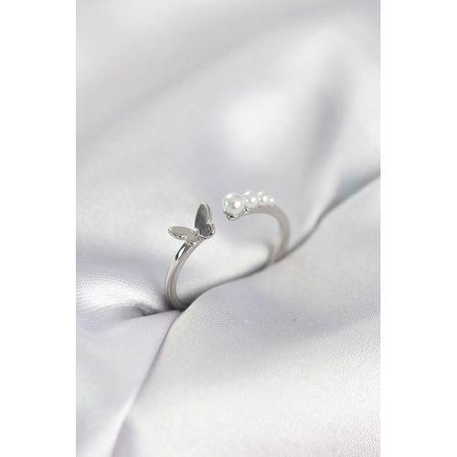 İncili Kelebek Model Gümüş Renk Pirinç Kadın Yüzük