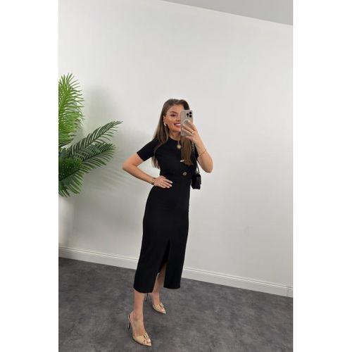 Kadın Ottoman Kumaş Likralı Düğme Tasarımlı Kısa Kol Kalem Elbise