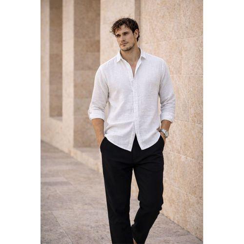 Nefes Alabilir Yarım Oversize Müslin Kumaş Uzun Kol Yakalı Erkek Gömlek - Beyaz