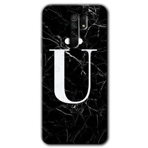 Redmi 9 Kılıf HD Desen Baskılı Arka Kapak - Siyah Mermer Desenli Ü Harfi + Kırılmaz Cam